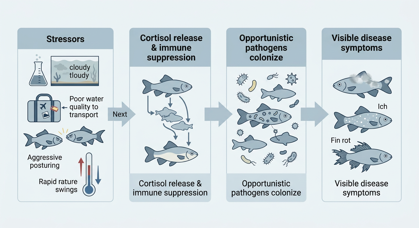 Diagram showing how aquarium stressors trigger cortisol release, suppress immunity, and allow secondary disease
