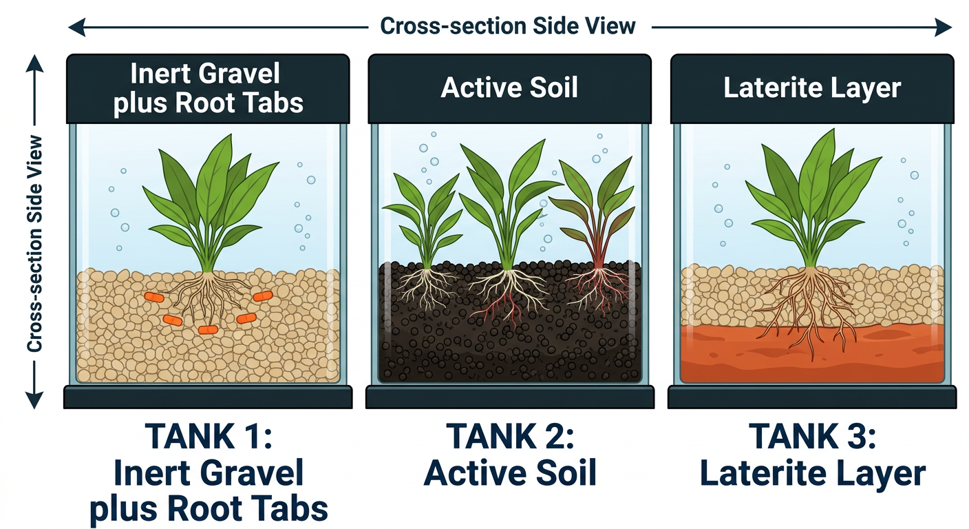 Side-by-side substrate comparison showing inert gravel with root tabs, active nutrient soil, and a laterite clay layer beneath plain gravel