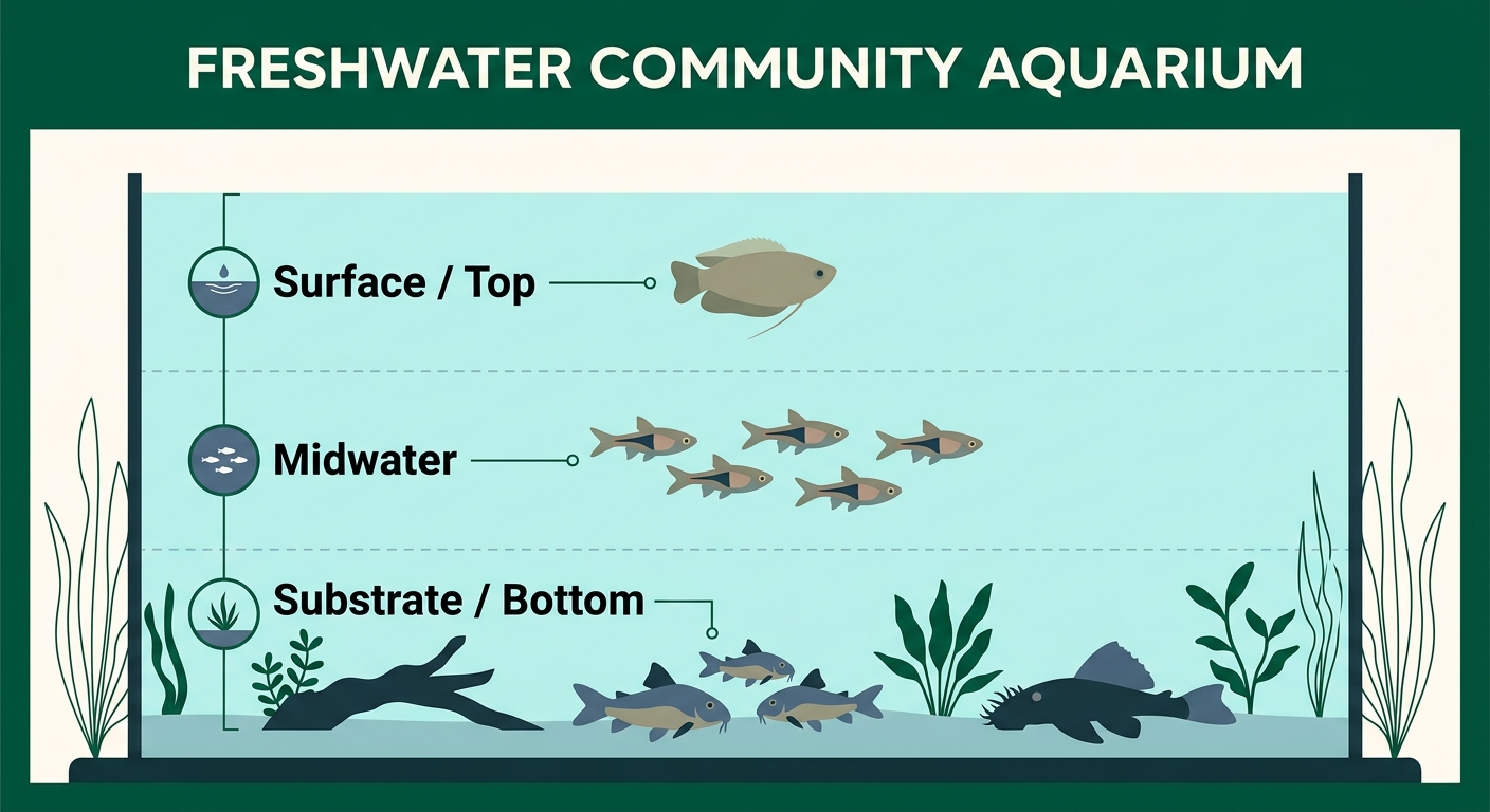 Cross-section diagram of a community aquarium showing fish layered by swimming level: gourami at top, tetras in midwater, corydoras and pleco at the bottom