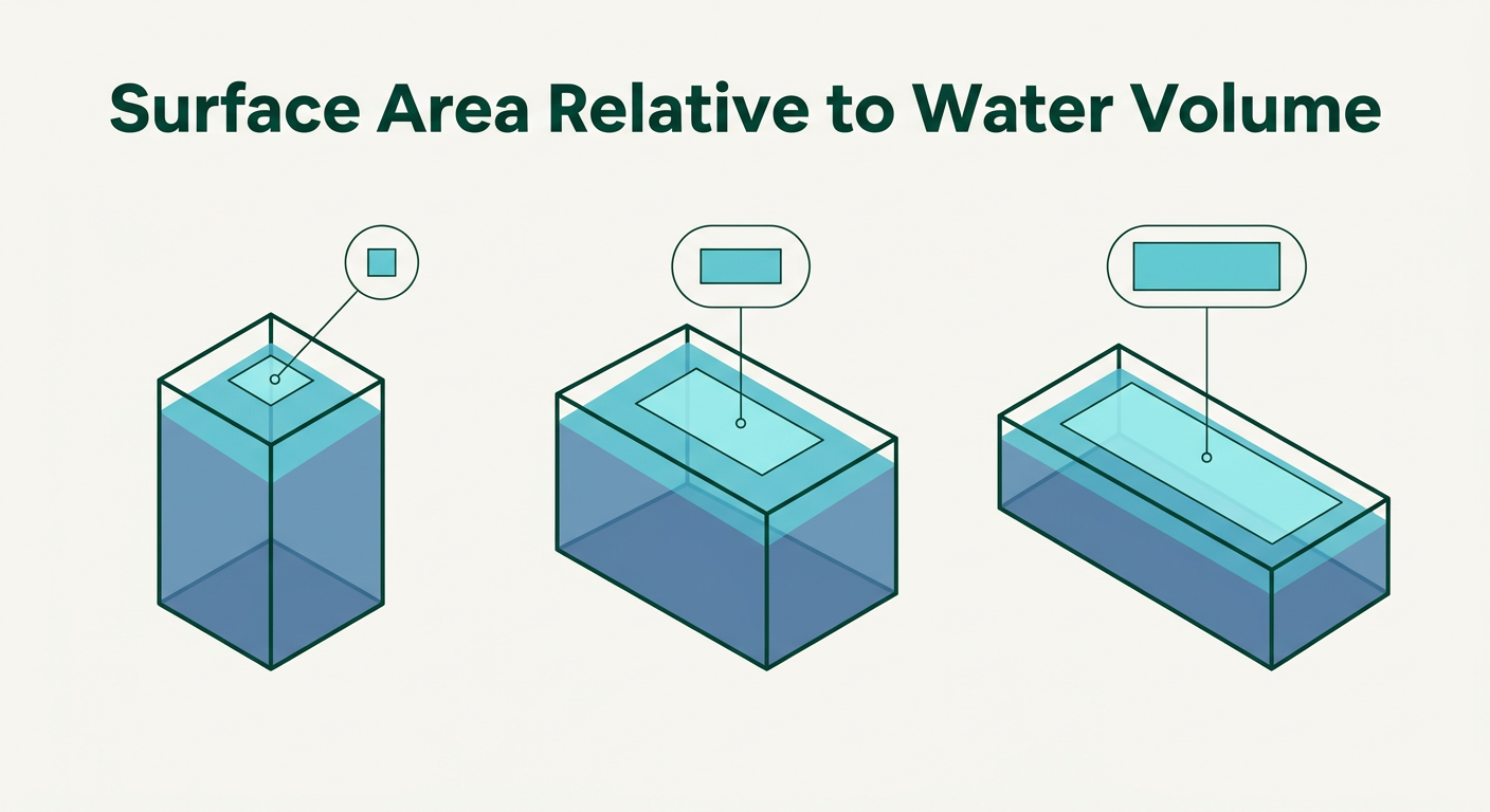 Overhead diagram comparing surface area of three aquarium shapes, showing the long shallow tank has the most surface relative to volume