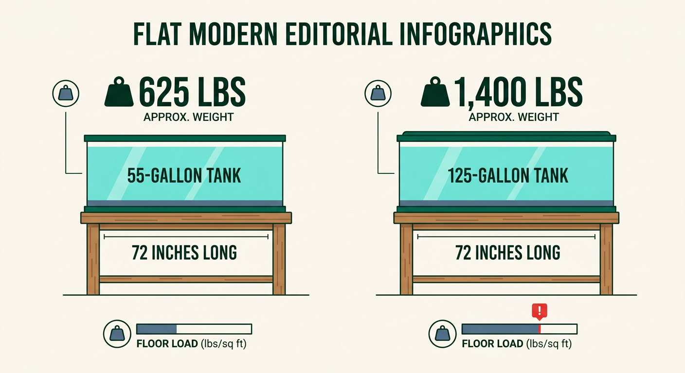 Side-by-side comparison showing a 55-gallon tank at 625 lbs and a 125-gallon tank at 1,400 lbs with floor-load indicators.