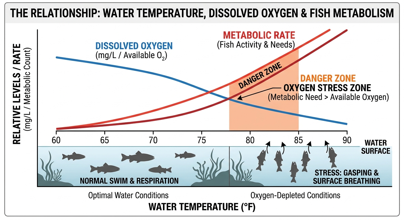 Diagram showing how rising aquarium temperature increases metabolism while decreasing available oxygen