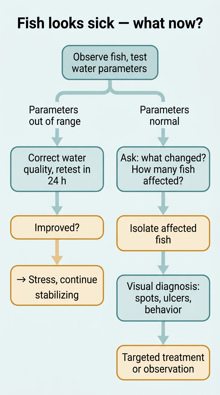 Decision-tree flowchart for diagnosing sick fish: test water, correct parameters, isolate, visualize, treat