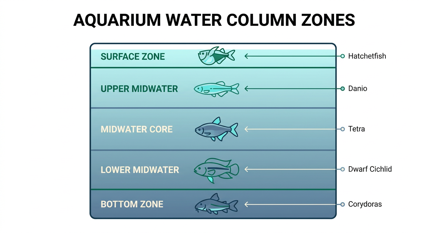 Diagram showing five water column zones in an aquarium from surface to bottom, with representative fish species for each zone