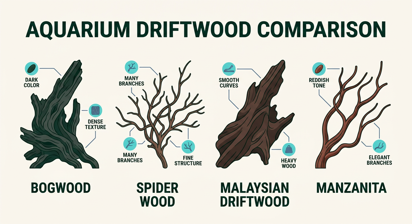 Illustration comparing bogwood, spider wood, Malaysian driftwood, and manzanita showing their distinct shapes and characteristics