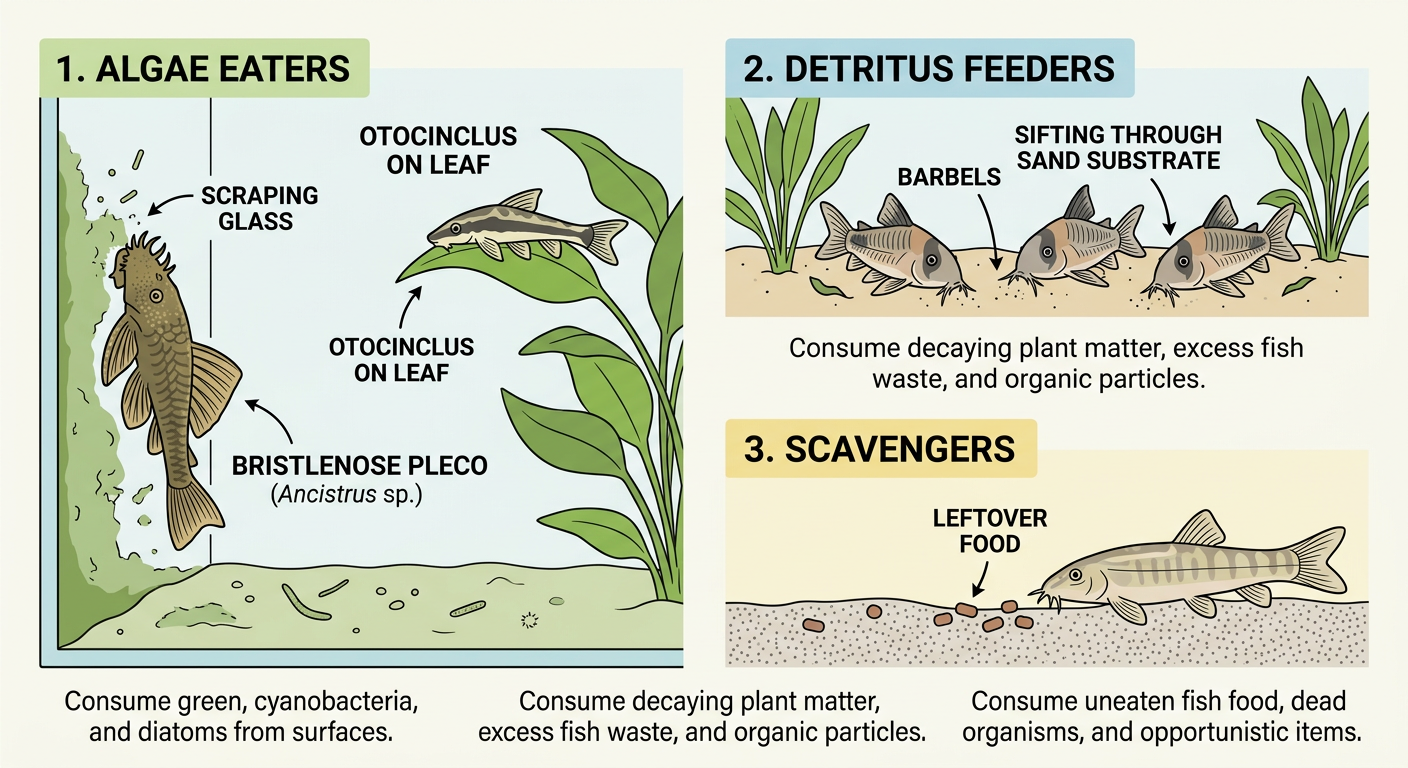 Diagram showing three ecological roles of aquarium cleaners: algae eaters, detritus feeders, and scavengers with example species for each
