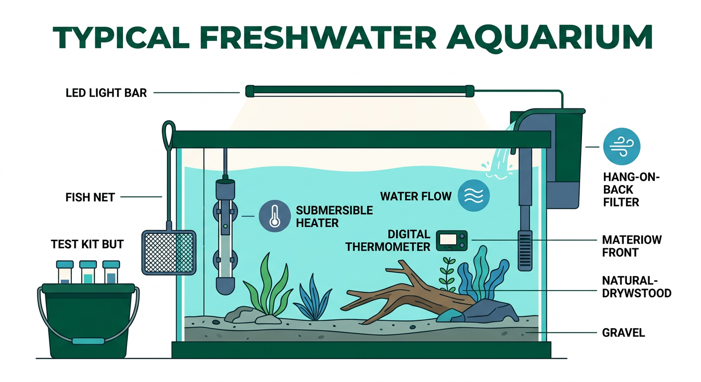 Illustrated cutaway of a freshwater aquarium showing placement of filter, heater, thermometer, lighting, substrate, plants, and decorations