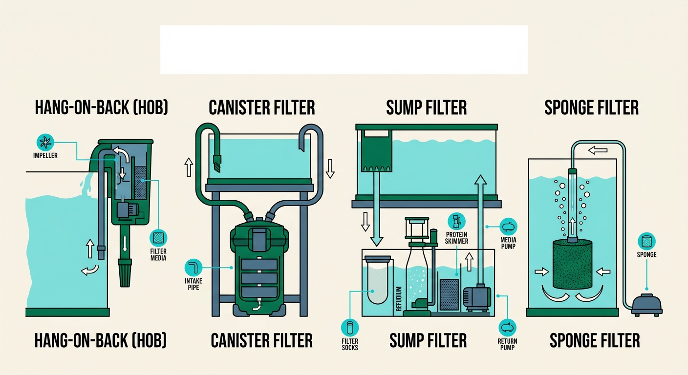Technical illustration comparing four aquarium filter types: hang-on-back, canister, sump, and sponge filters with water flow paths