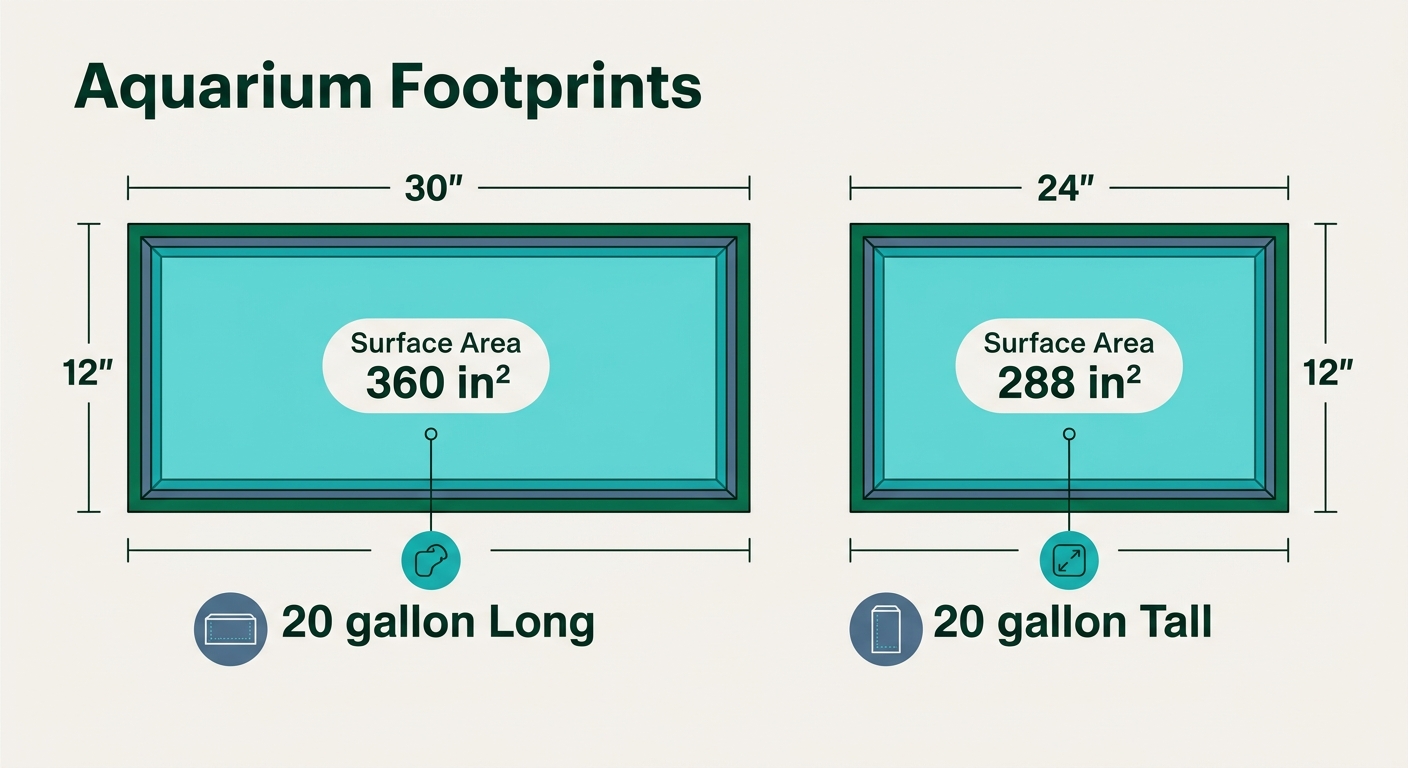 Top-down comparison showing a 20-gallon long tank has 360 square inches of surface area versus a 20-gallon tall tank at 288 square inches