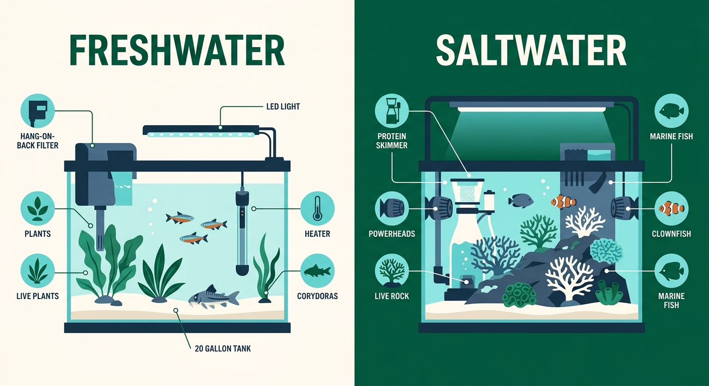 Side-by-side illustration comparing a simple freshwater aquarium setup with minimal equipment to a complex saltwater reef setup with skimmer, powerheads, and corals