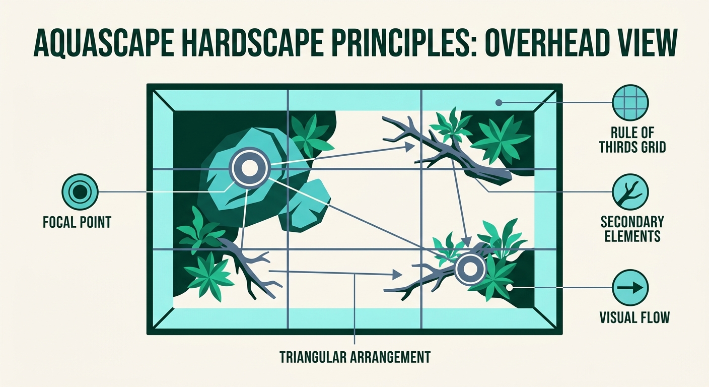 Top-down aquarium diagram showing rule of thirds grid, focal point placement, and triangular composition for hardscape layout