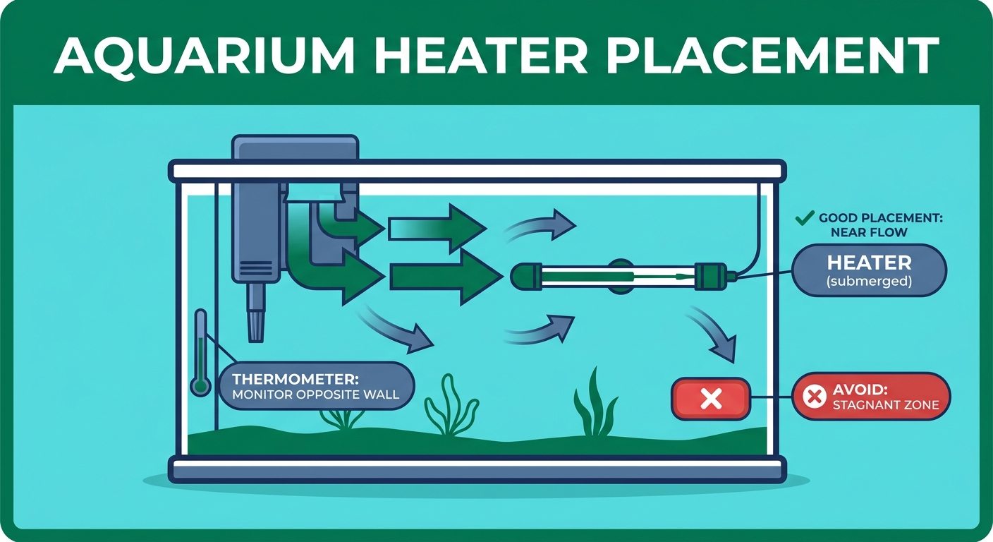 Diagram showing proper aquarium heater placement near filter output for optimal heat distribution