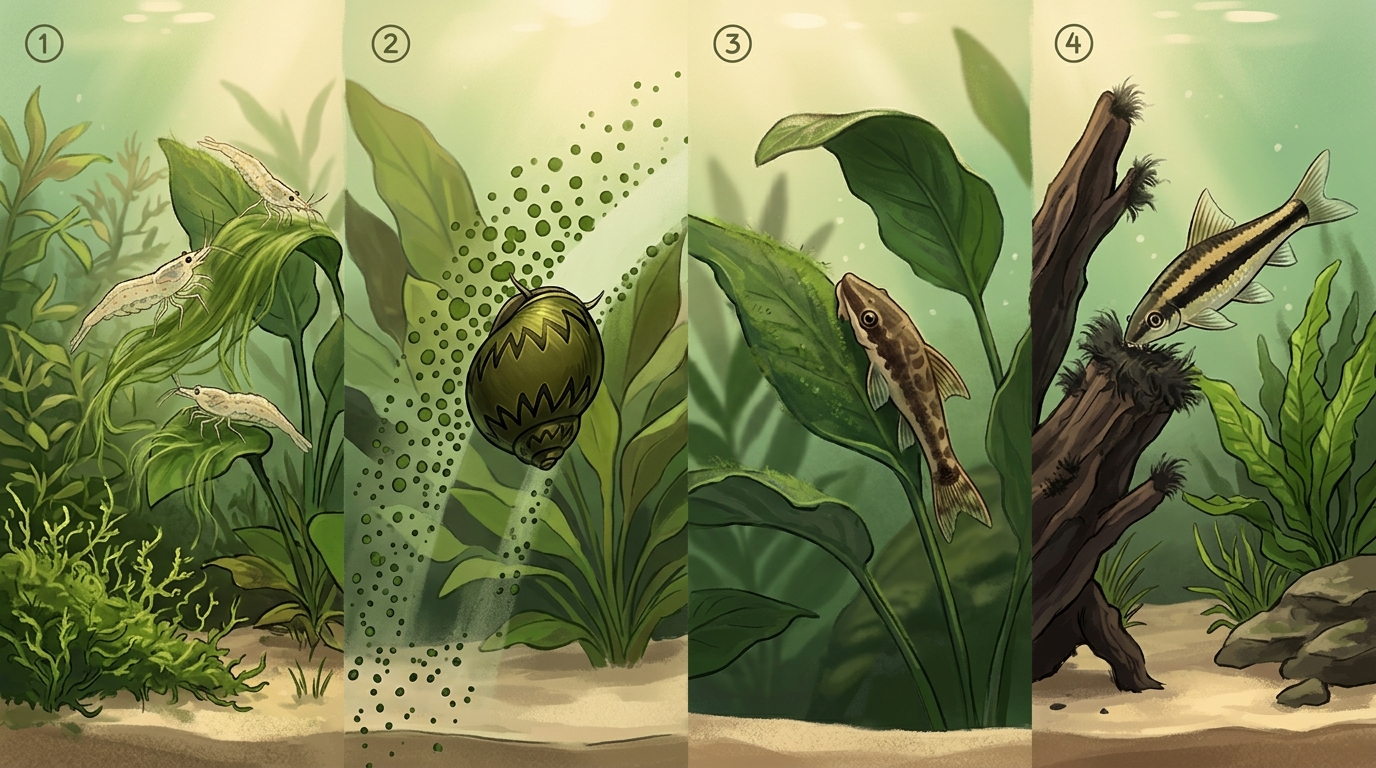 Illustration of four algae-eating aquarium species matched to the algae types they consume: Amano shrimp, nerite snail, otocinclus catfish, and Siamese Algae Eater
