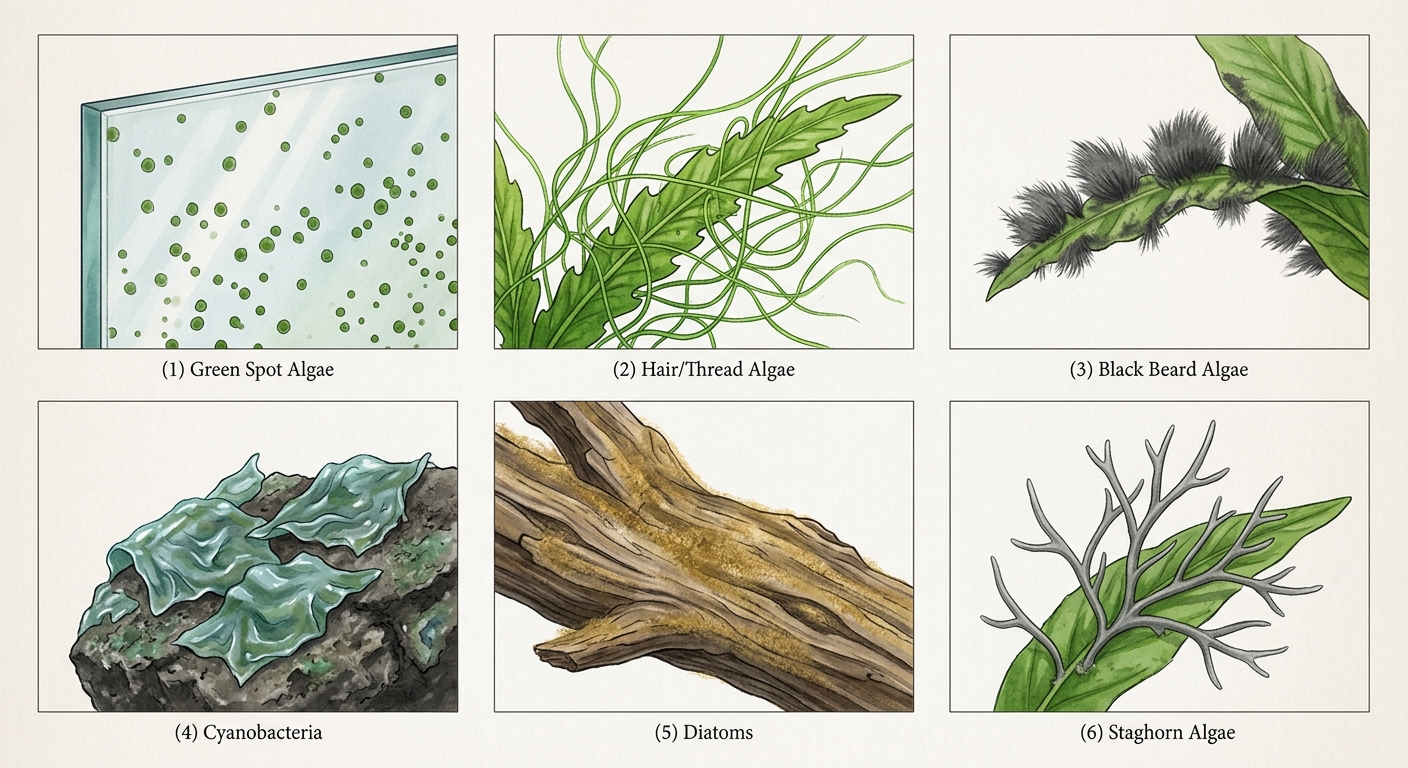 Side-by-side reference illustration identifying six common types of freshwater aquarium algae: green spot, hair/thread, black beard, cyanobacteria, diatoms, and staghorn