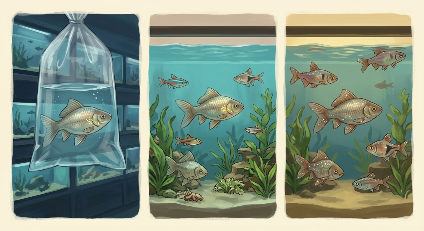 Three-panel illustration showing a healthy-looking fish carrying hidden parasites into a bag, then being introduced to a display tank where parasites spread to other fish