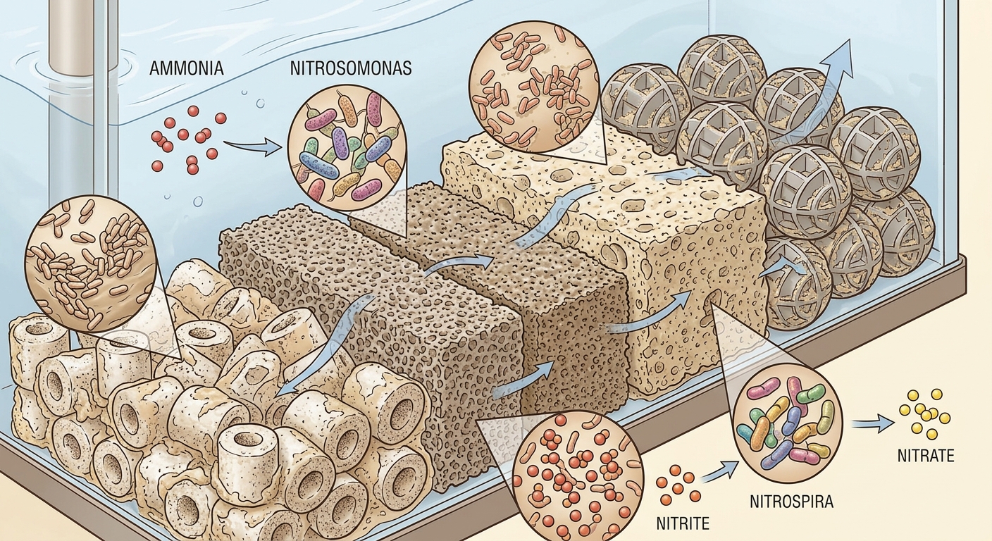 Cross-section illustration of filter media showing beneficial bacterial colonies converting ammonia through nitrite to nitrate in flowing water