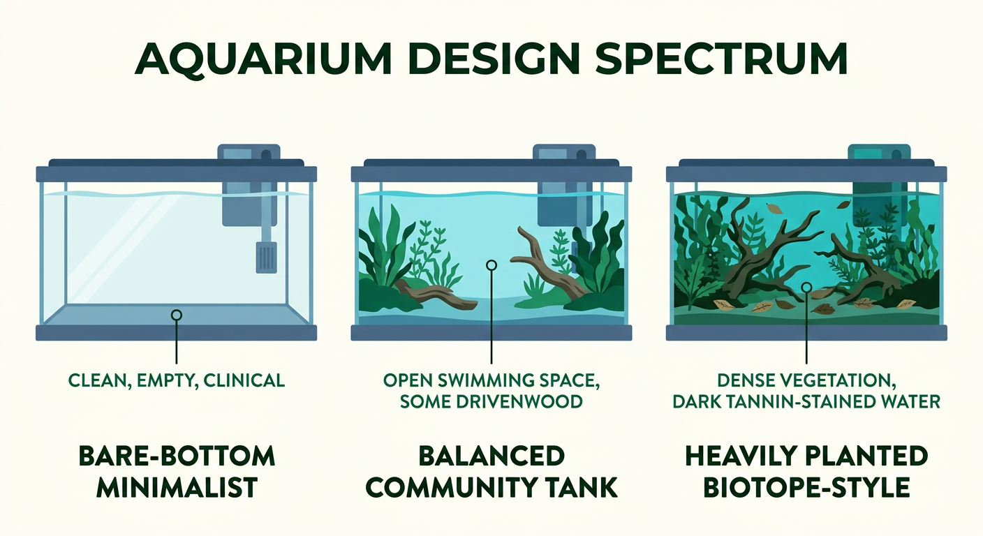 Illustration showing the spectrum of aquarium designs from bare-bottom minimalist to heavily planted biotope