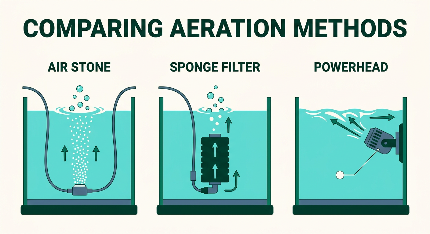 Three aquarium tanks side by side showing an air stone, sponge filter, and powerhead with their respective water flow patterns