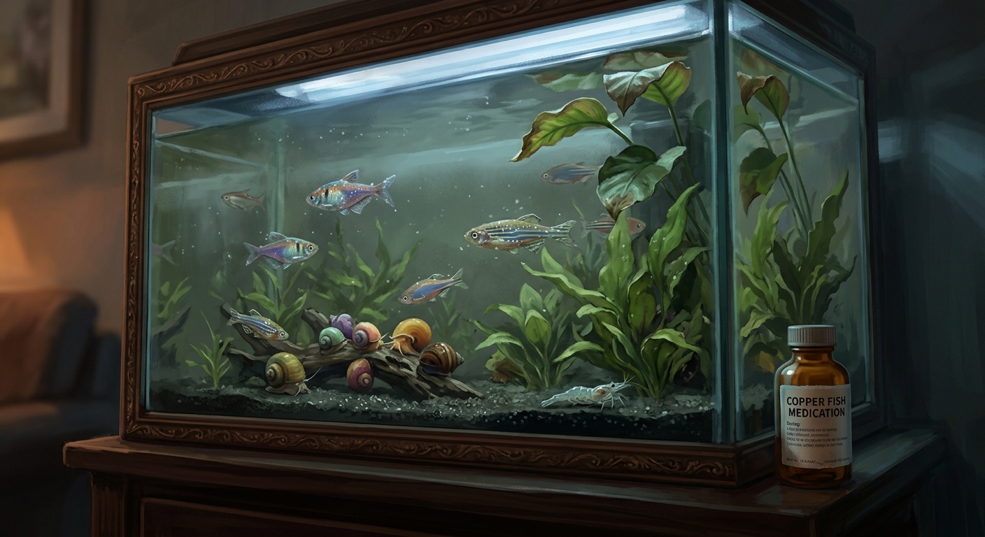 Illustration of a planted display aquarium showing fish with white spot parasites, a lethargic shrimp, browning plant leaves, and a bottle of copper medication on the stand