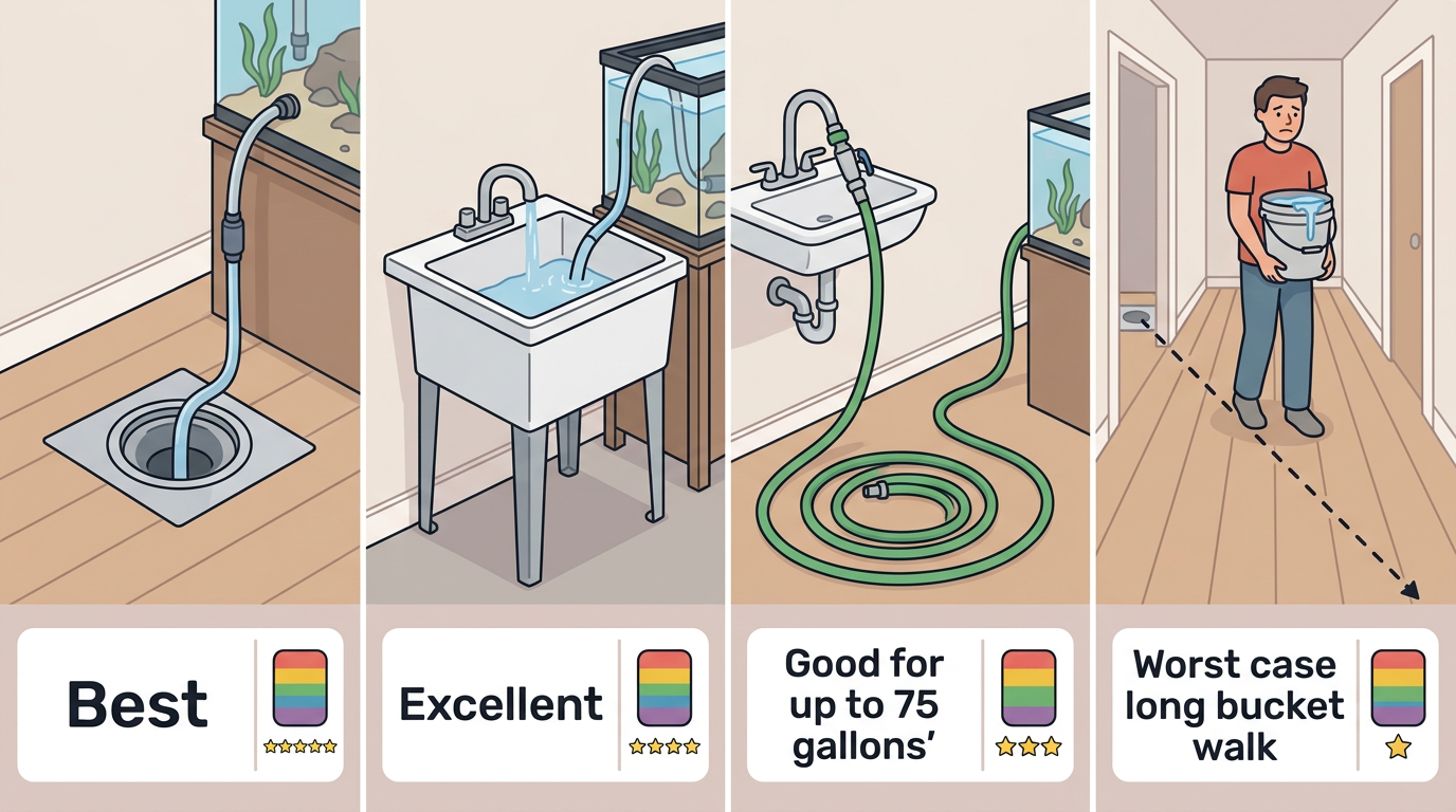 Horizontal strip infographic comparing four aquarium drainage methods from best floor drain to worst long bucket hauls, each shown as a flat illustration with a label