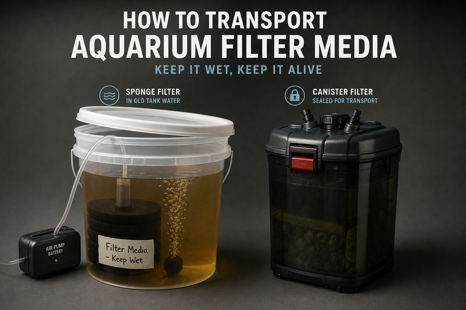 Illustration of filter media submerged in a sealed bucket of old tank water with an air stone for transport