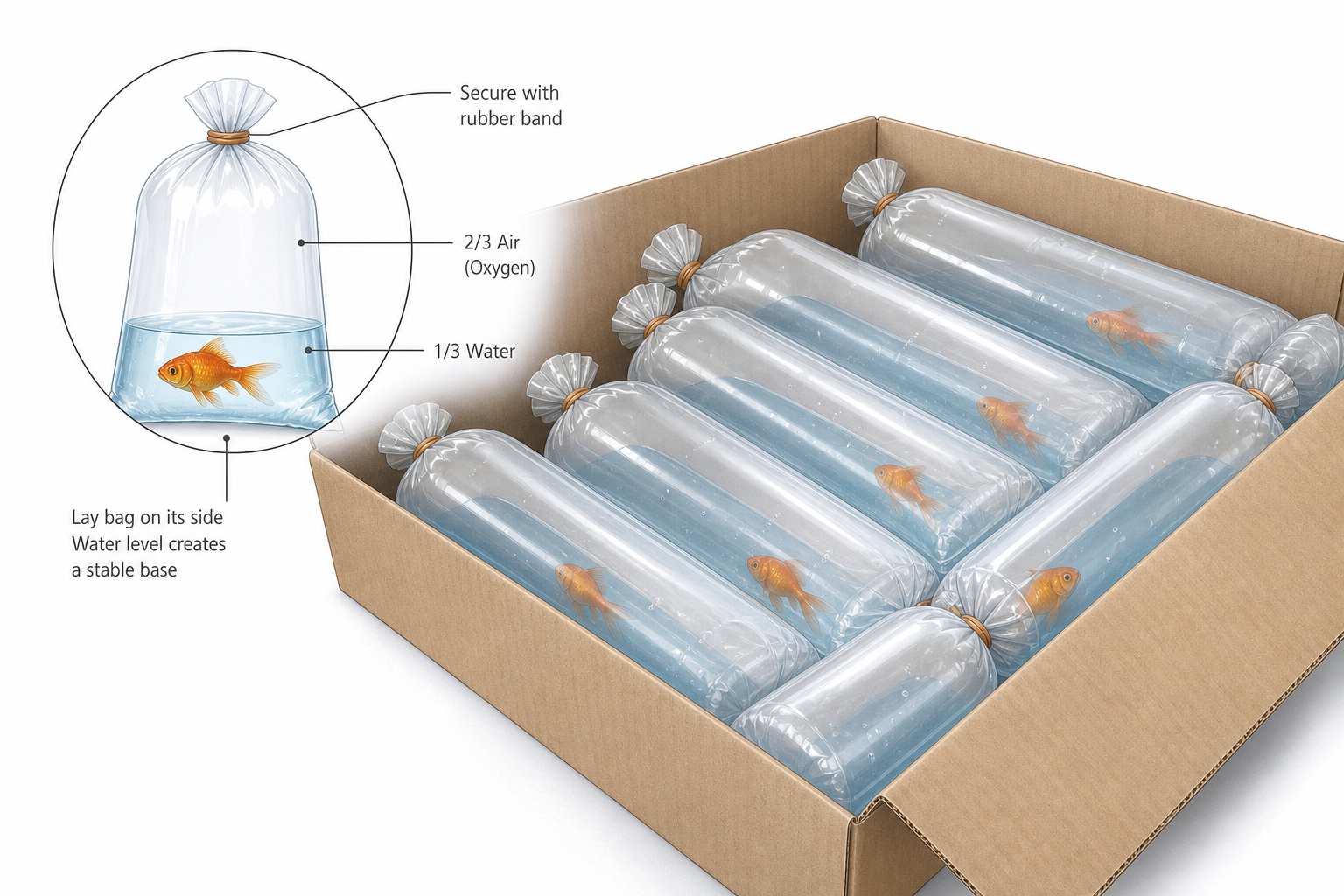 Instructional diagram showing fish bags filled one-third water and two-thirds air, laid flat in a transport box