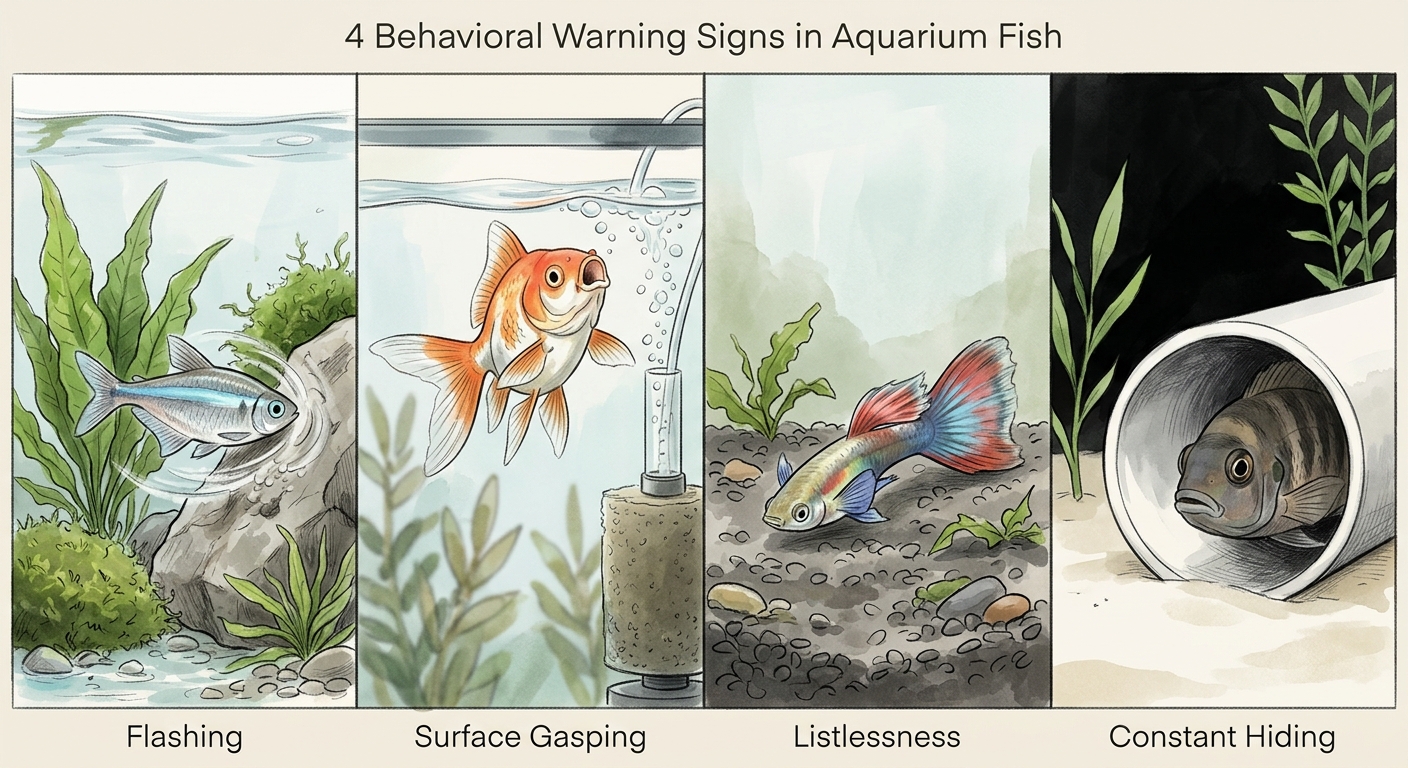 Four vignettes showing fish flashing, gasping at surface, lying motionless, and hiding — common behavioral illness signs