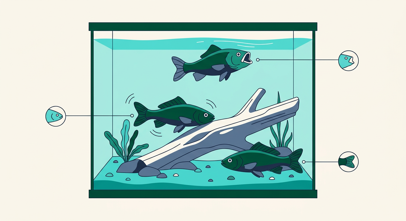 Three fish in a planted aquarium showing post-upgrade stress behaviors: clamped fins, flashing against wood, and gasping at the surface.