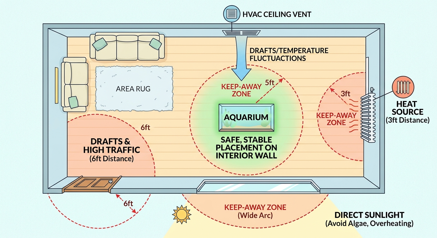 Birds-eye floor plan of a living room showing an aquarium on a safe interior wall with dashed circles marking minimum distances from an HVAC vent, a baseboard radiator, a window, and an exterior door