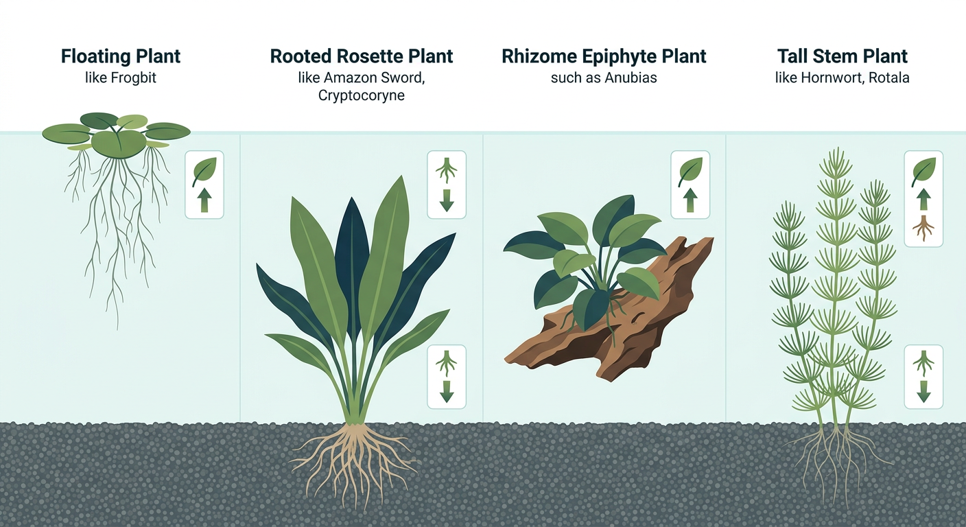 Illustration comparing four aquarium plant types: floating, rooted rosette, rhizome epiphyte, and stem plant, with nutrient-uptake pathways indicated
