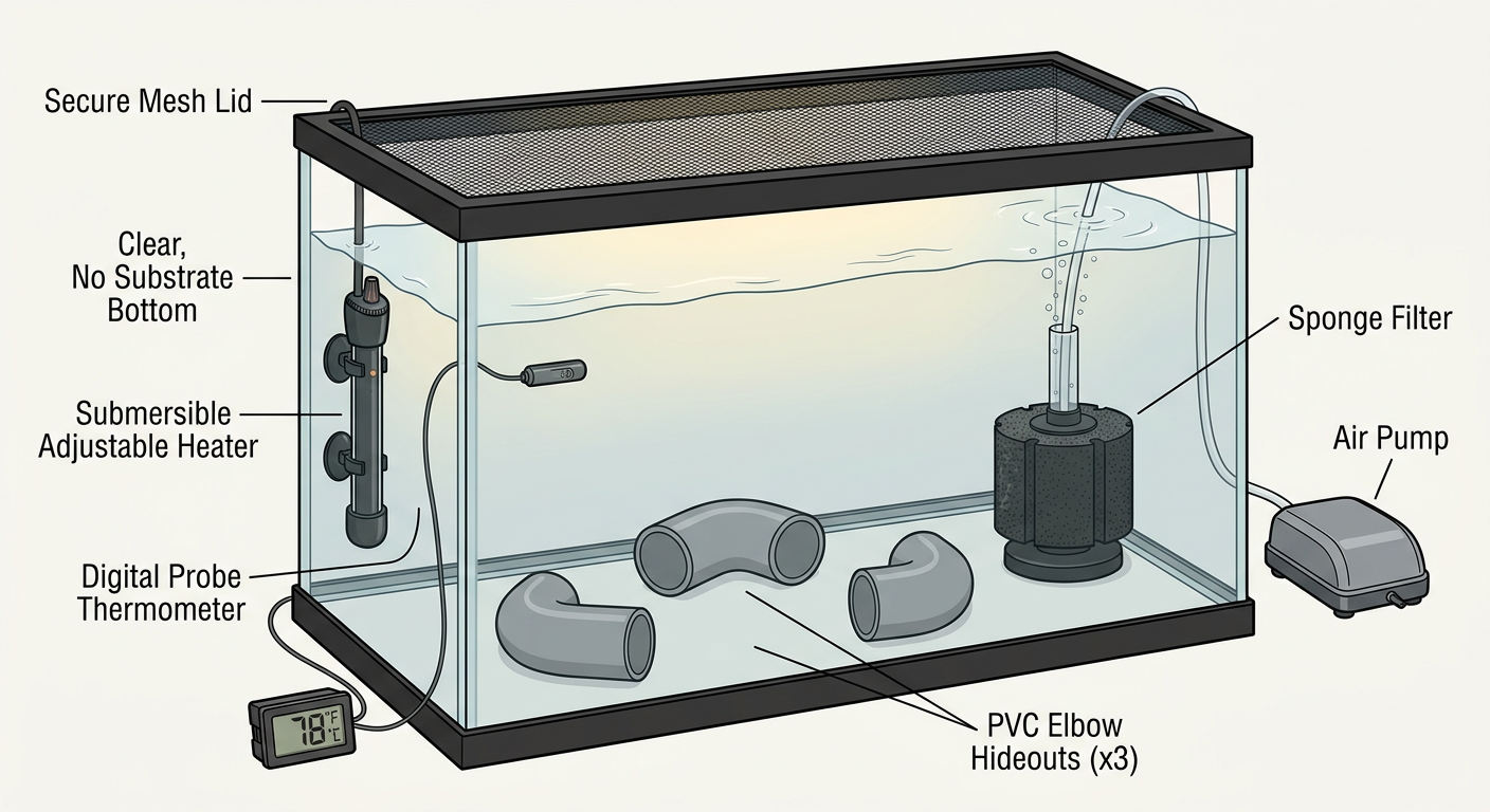 Labeled diagram of a basic quarantine tank with sponge filter, heater, thermometer, PVC hides, and lid