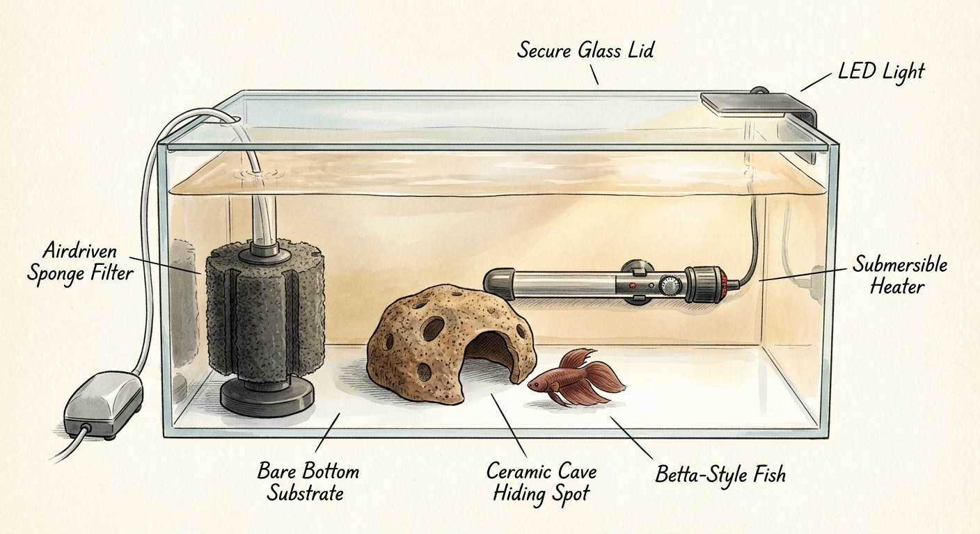 Labeled illustration of a basic bare-bottom quarantine aquarium with sponge filter, heater, and hiding place