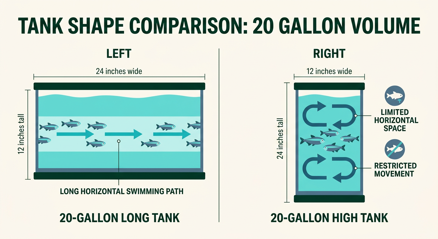 Comparison illustration showing why a 20-gallon long tank provides better swimming space for active fish than a 20-gallon high tank