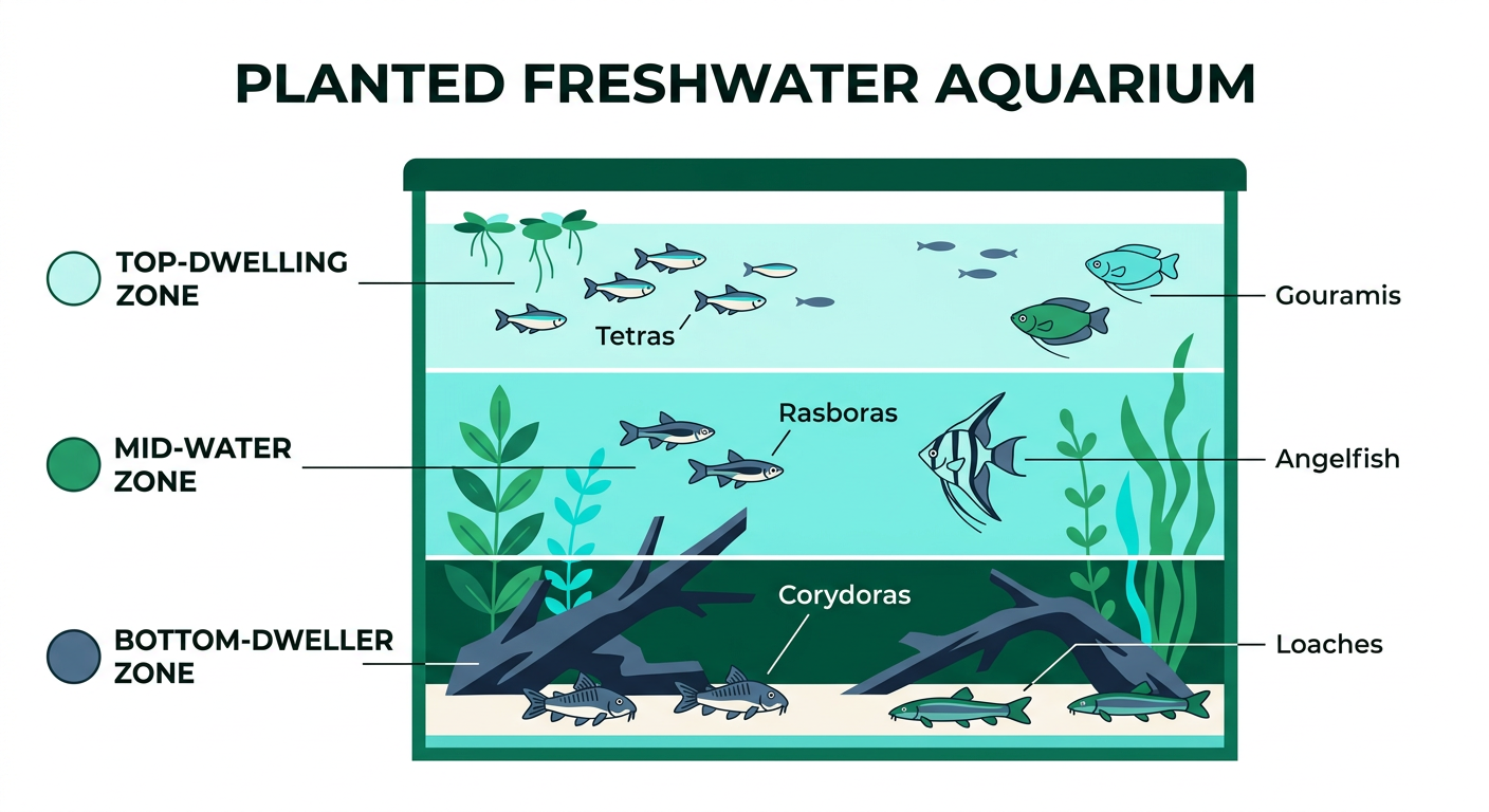 Illustration of a freshwater aquarium showing fish occupying three vertical zones: top, middle, and bottom dwellers