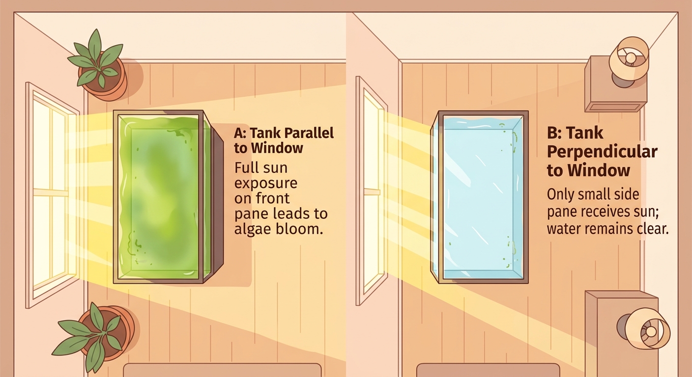 Birds-eye illustration comparing a tank placed parallel versus perpendicular to a sunny window, showing how much surface area receives direct sun in each orientation