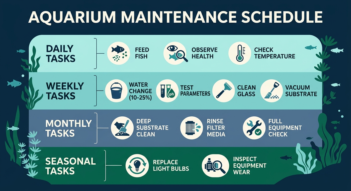 Infographic of aquarium maintenance routine showing daily, weekly, monthly, and seasonal tasks