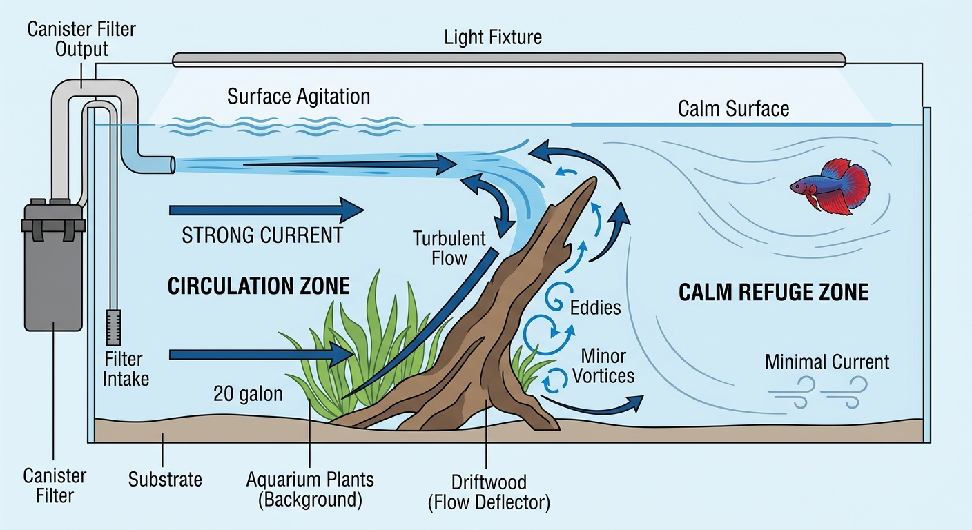 Diagram of a tank showing strong current flow on one side, deflection by driftwood, and a calm refuge zone with a betta resting in low flow