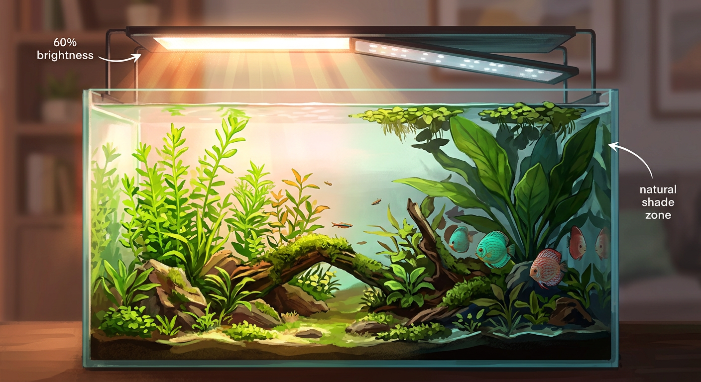 Illustration of an aquarium with a lighting gradient from bright planted vegetation on one side to shaded refuge for discus on the other