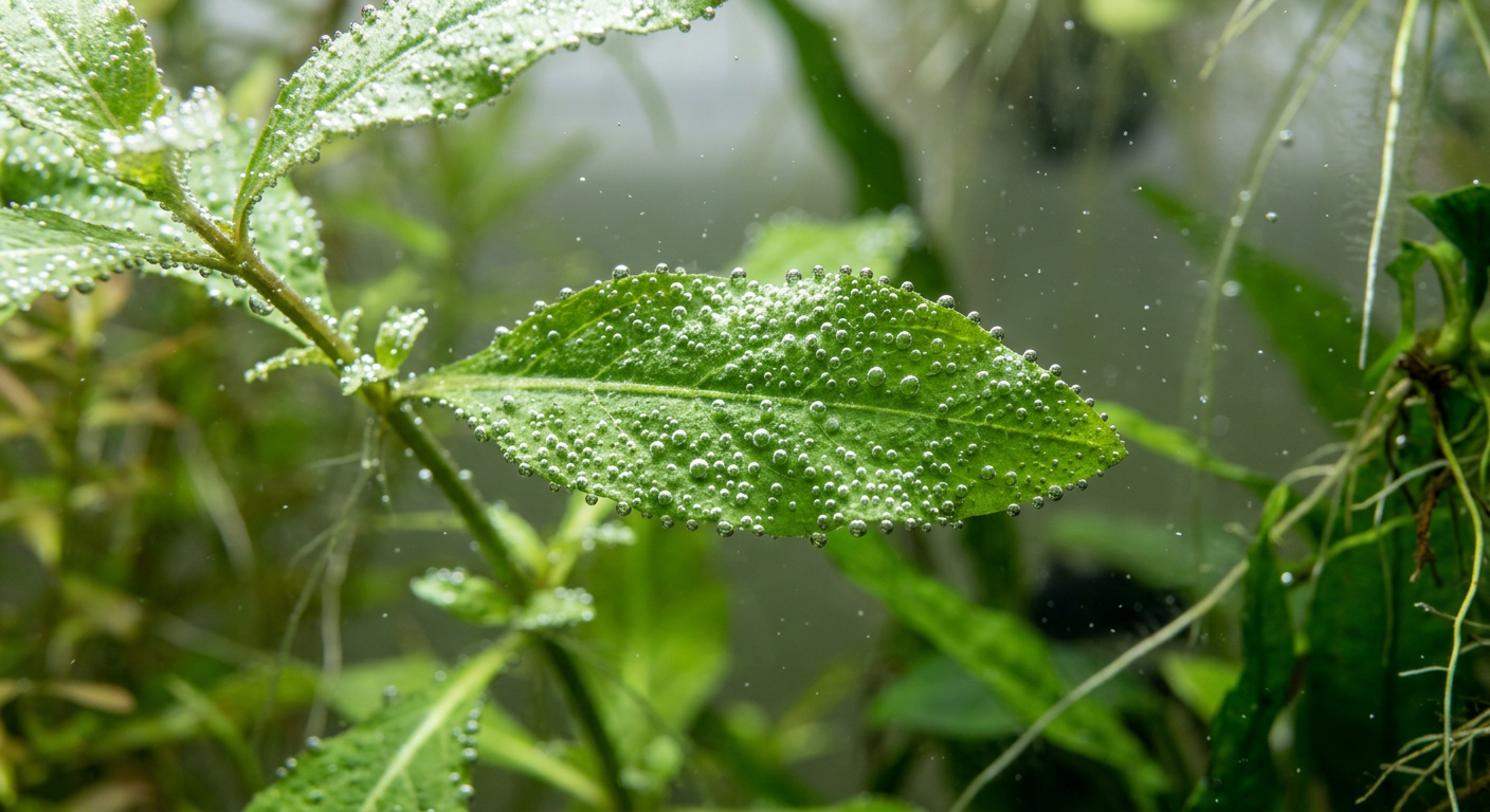 Close-up of an underwater aquarium plant leaf covered with small oxygen bubbles produced during photosynthesis, called pearling