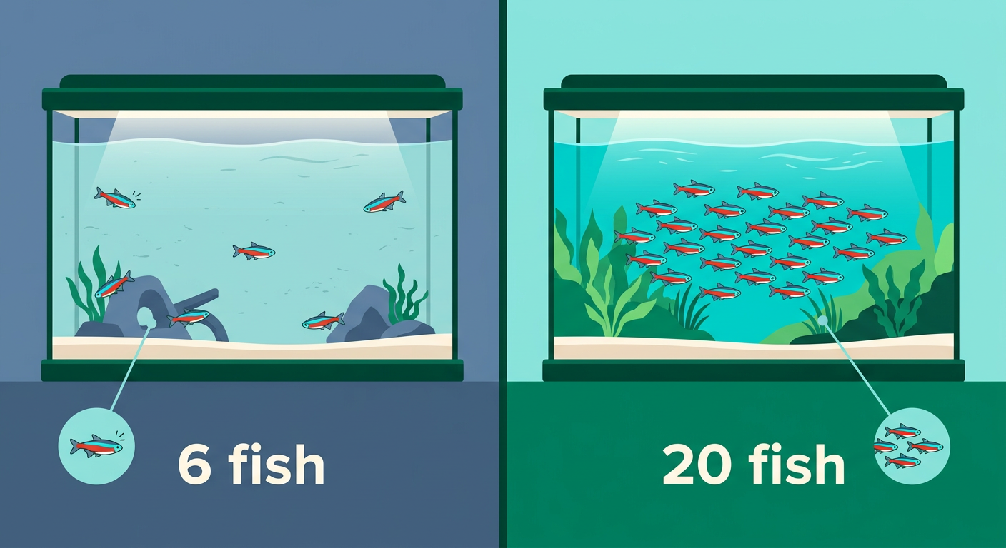Side-by-side comparison: 6 stressed neon tetras scattered in a tank versus 20 confident tetras schooling tightly together