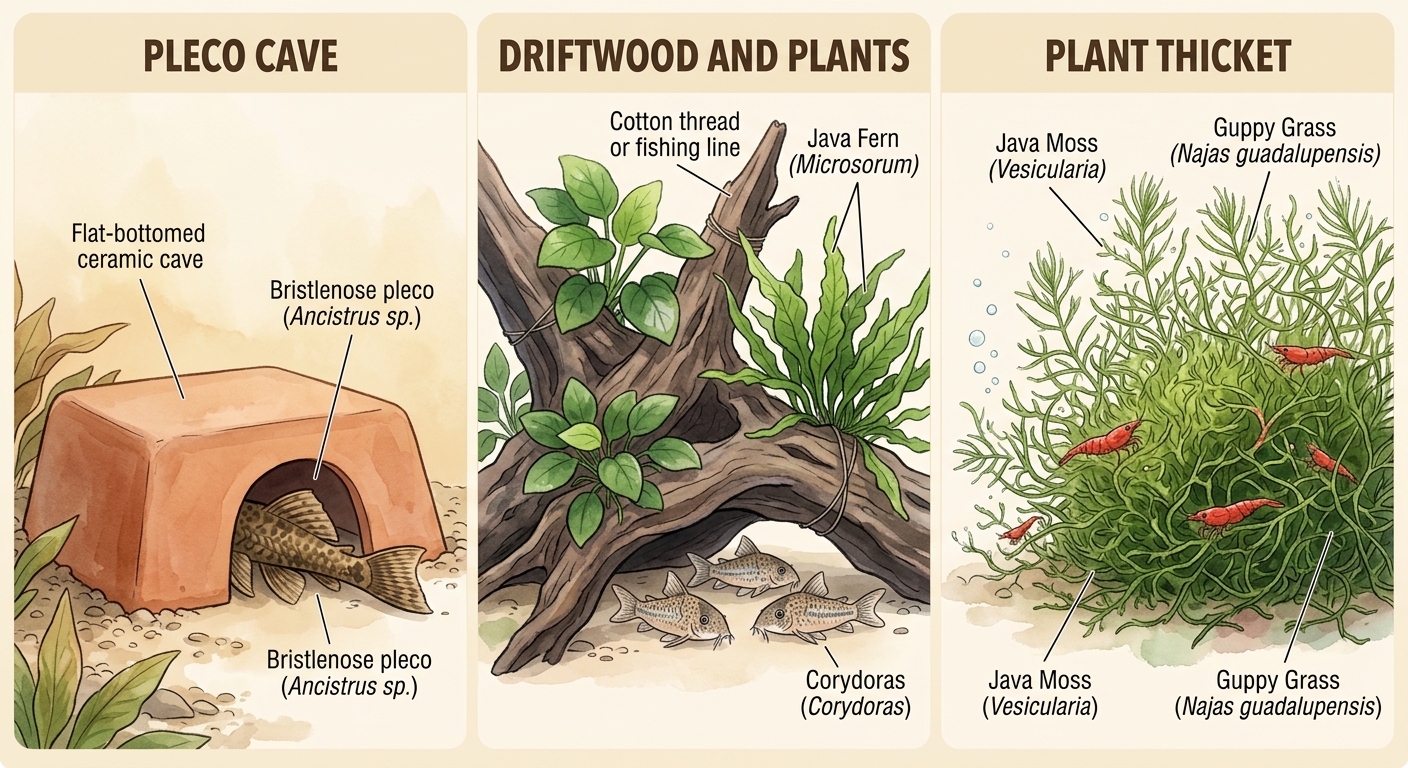 Three aquarium shelter types compared: a low pleco cave, driftwood with attached plants, and a dense moss thicket, each shown with the species that use it