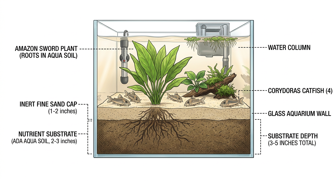 Cross-section diagram showing nutrient substrate beneath a fine sand cap, with a sword plant rooted through both layers and corydoras on top