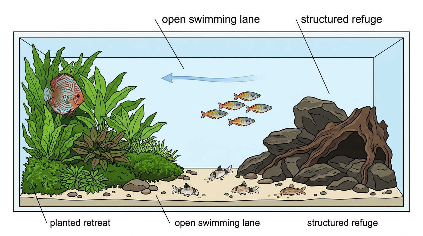 Overhead diagram of a tank divided into open swimming, planted retreat, and structured refuge zones with species positioned in each