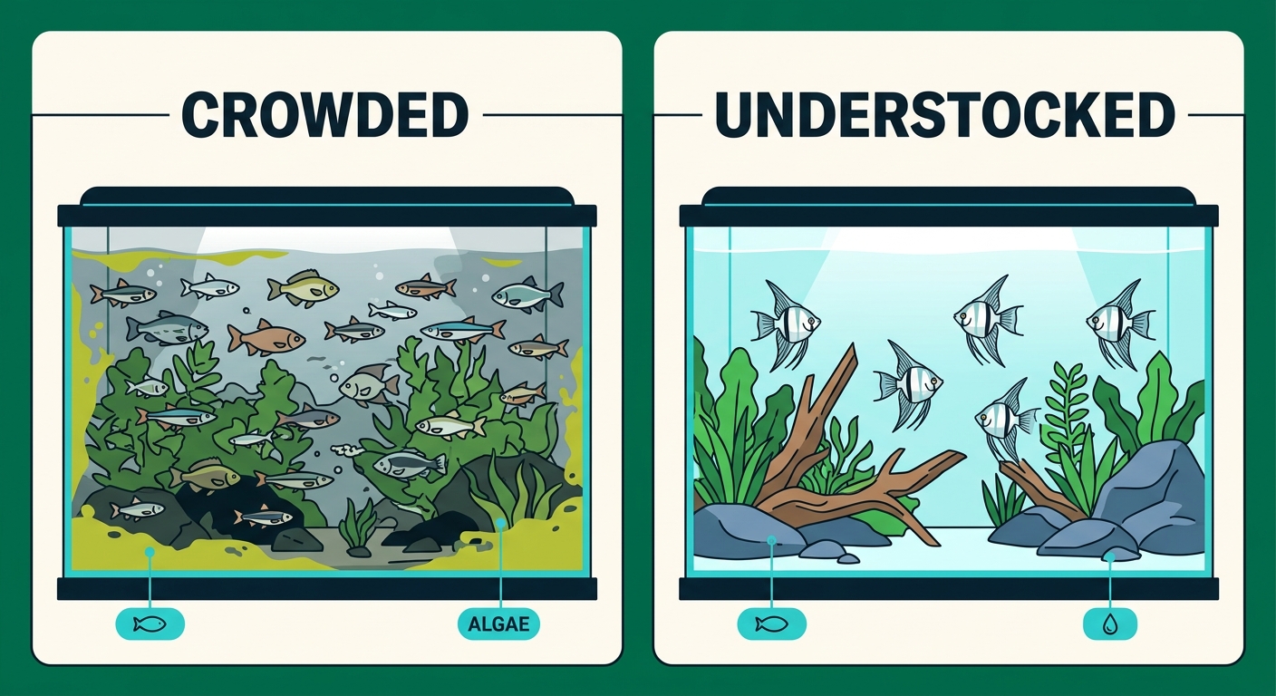 Comparison of a crowded 55-gallon aquarium with stressed fish versus an understocked 55-gallon with five angelfish in a calm, planted aquascape