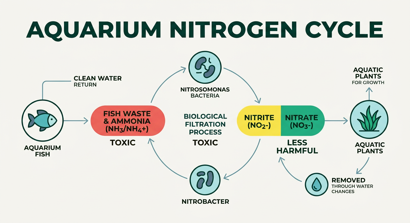 Diagram showing the nitrogen cycle: ammonia converts to nitrite then nitrate through beneficial bacteria in biological filtration