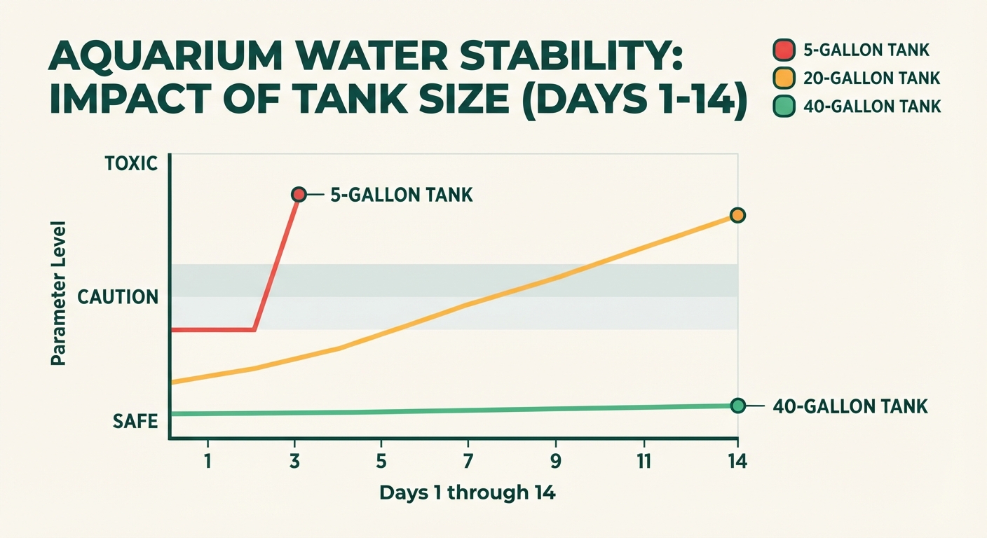 Line chart showing smaller aquariums experience faster parameter spikes: 5-gallon turns toxic in 3 days, 20-gallon takes about 7 days, 40-gallon remains stable