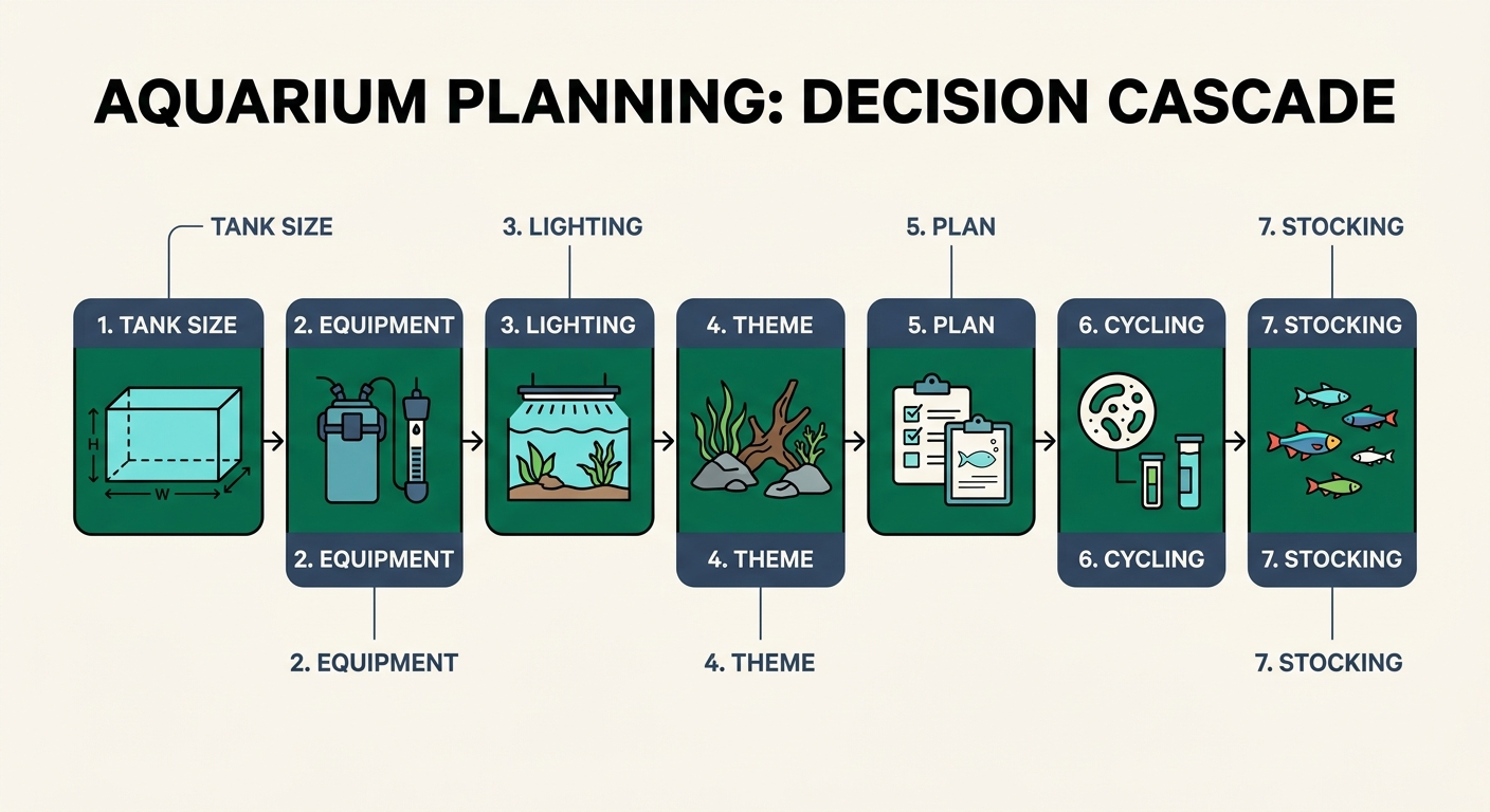 Flow diagram showing seven aquarium planning stages from tank size through stocking, with arrows connecting each decision