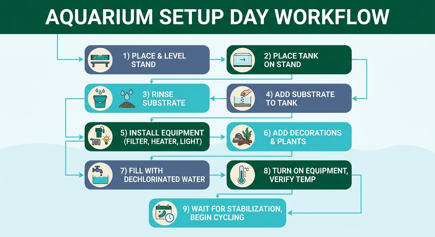 Flow diagram showing 9 steps of aquarium setup day from placing the stand through beginning the cycling process
