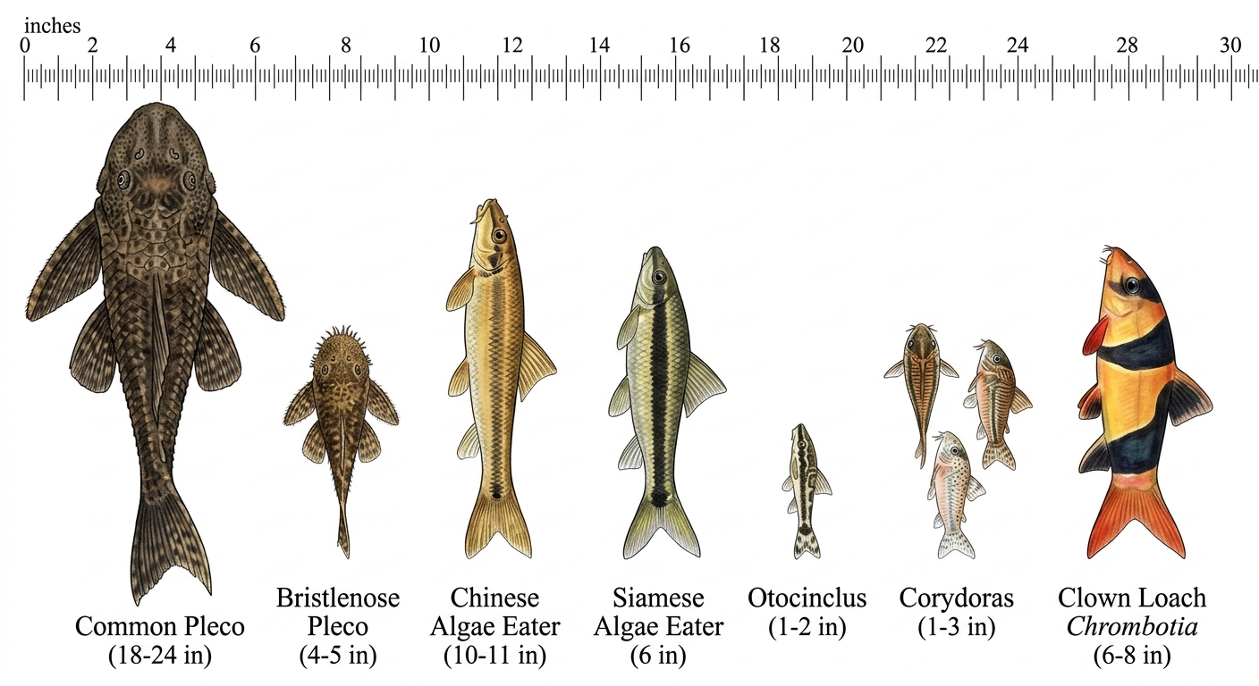 Size comparison of adult aquarium cleaner fish species drawn to scale showing common pleco is much larger than most people expect