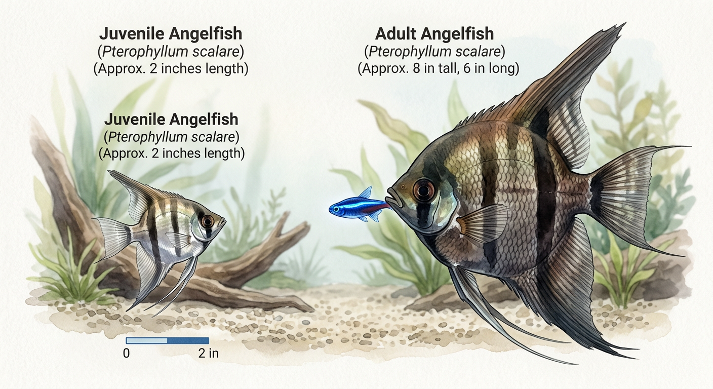 Side-by-side illustration showing a small juvenile angelfish and a large adult angelfish, with a tiny neon tetra for scale, demonstrating dramatic growth differences